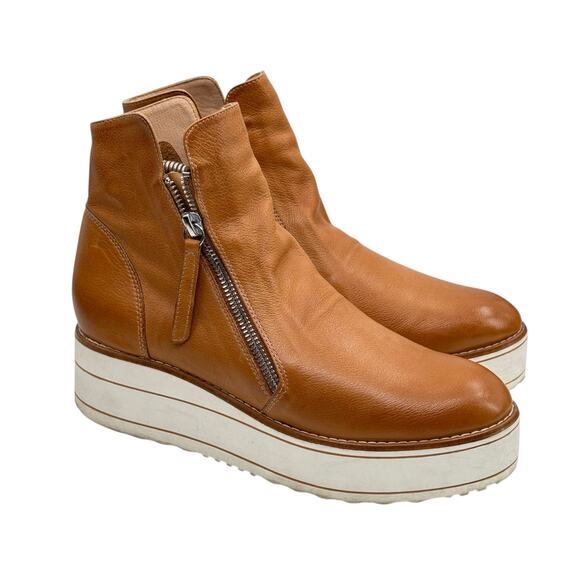 Silent D Nene Boot SZ 38 7 Womens Tan Leather Double Zip Platform Sneaker Bootie - Picture 1 of 12